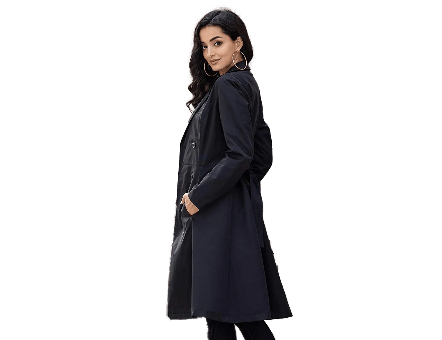 Women's Black Double-Breasted Belted Trench Coat | Womens Long Pea Coat