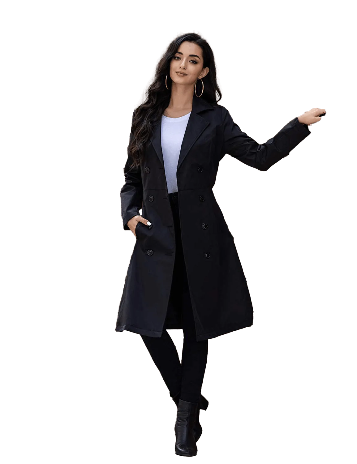 Women's Black Double-Breasted Belted Trench Coat | Womens Long Pea Coat