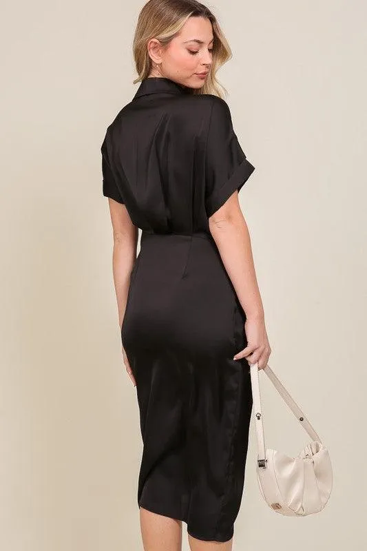 Womens Black Surplice Satin Wrap Dress