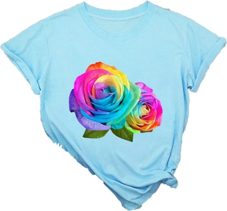 Womens Floral Lightweight Summer T-Shirt Multicolor-Rose Solid Color