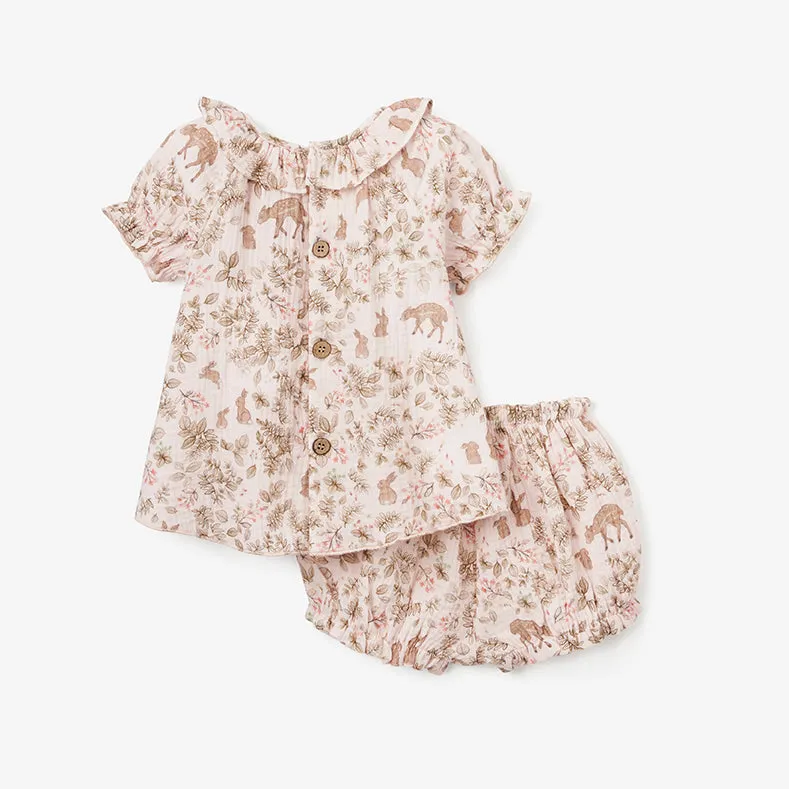 Woodland Print Organic Muslin Collared Dress & Bloomer Set