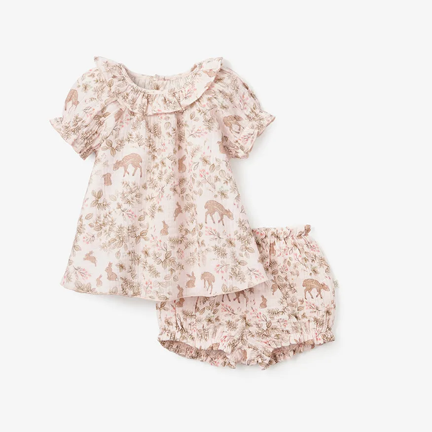 Woodland Print Organic Muslin Collared Dress & Bloomer Set