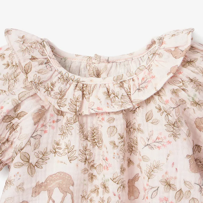 Woodland Print Organic Muslin Collared Dress & Bloomer Set