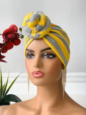 Yellow and Grey Stripe Pretied Headwrap