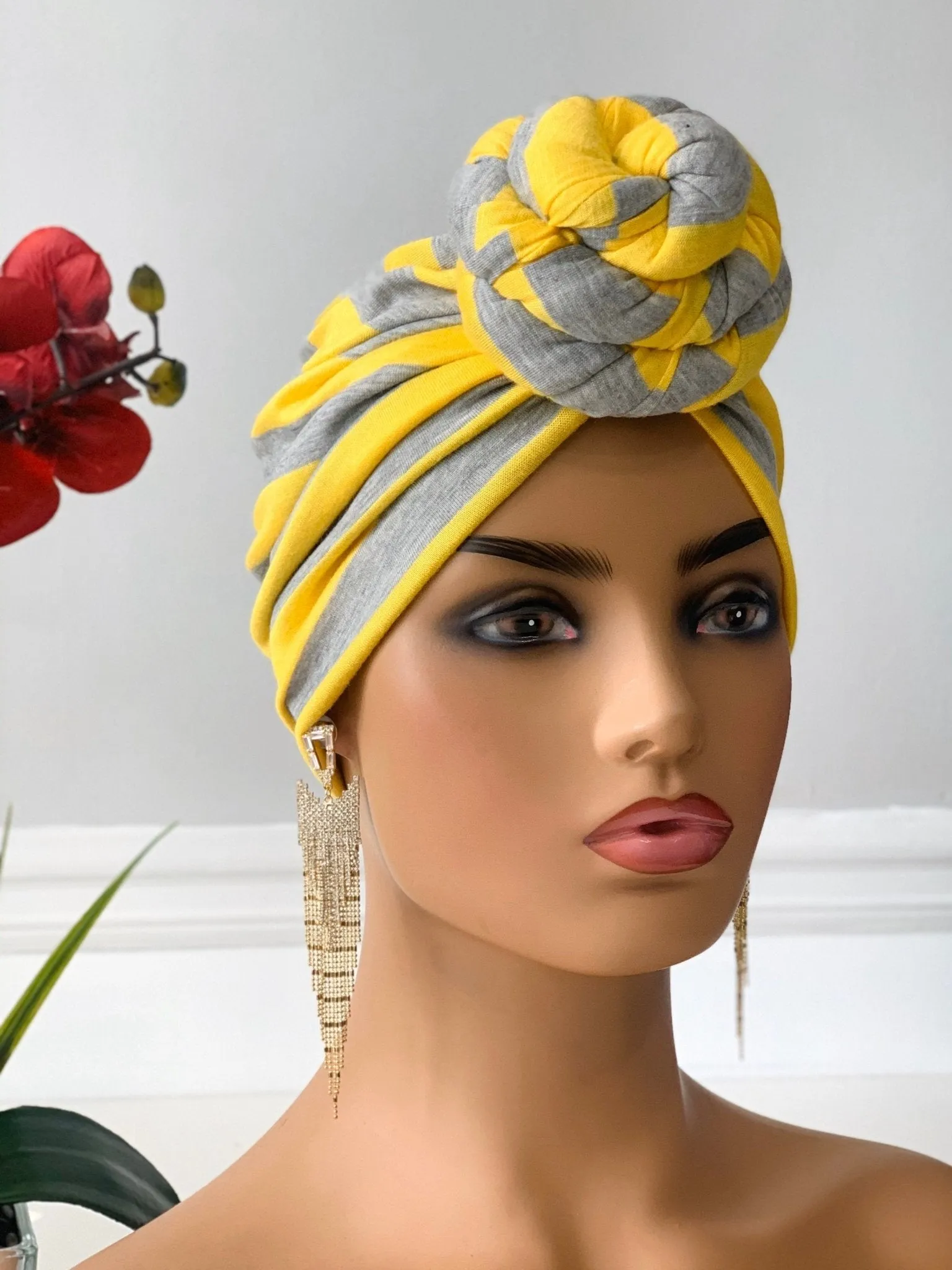 Yellow and Grey Stripe Pretied Headwrap