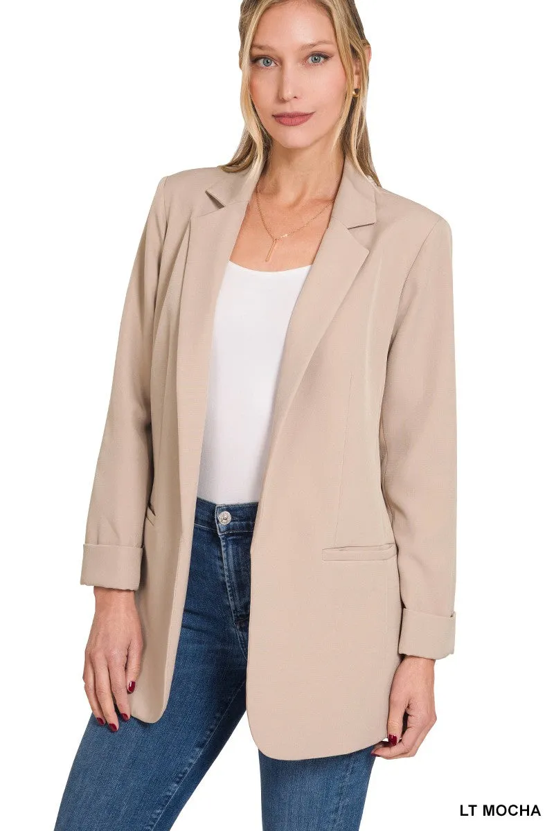 Zenana Woven Long Sleeve Open Front Blazer