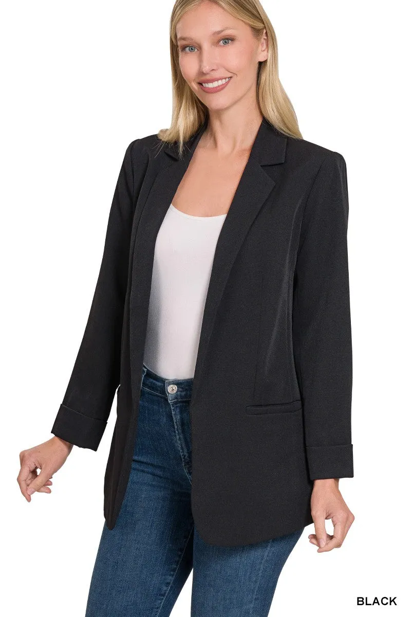 Zenana Woven Long Sleeve Open Front Blazer